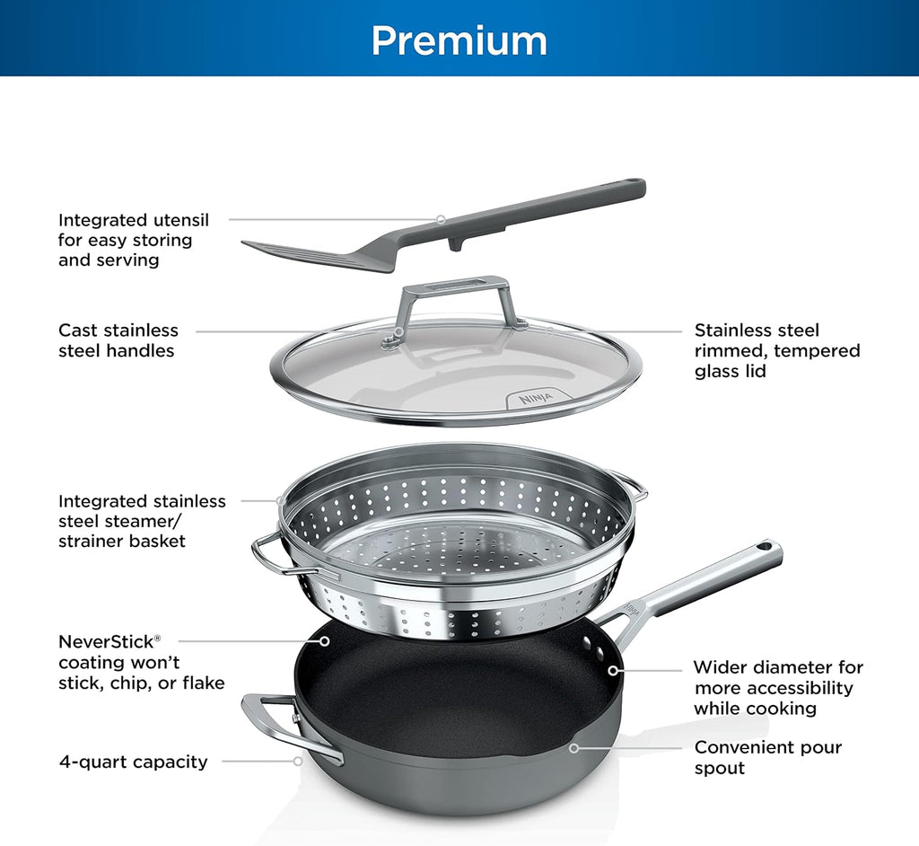 Ninja Foodi NeverStick 4 Quart Pan with Lid, Strainer, & Spatula, Oven Safe, Sea Salt Grey