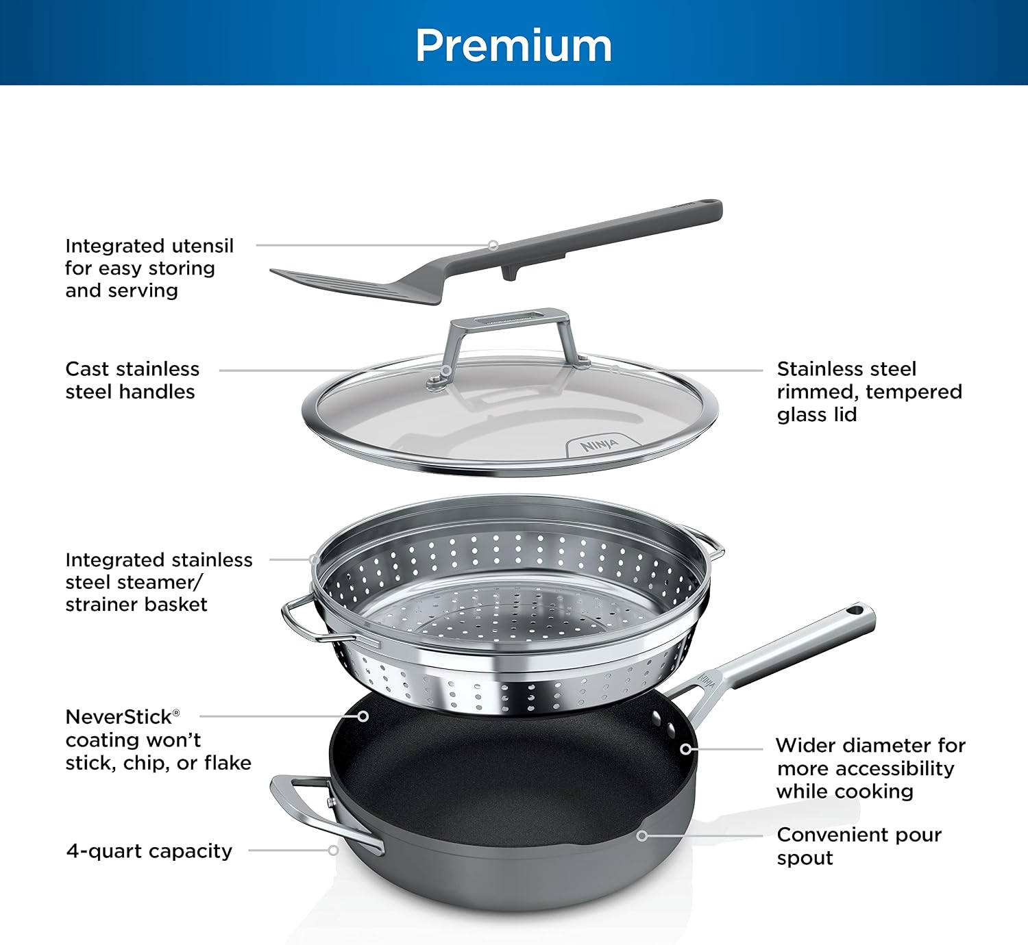 Ninja Foodi NeverStick 4 Quart Pan with Lid, Strainer, & Spatula, Oven Safe, Sea Salt Grey