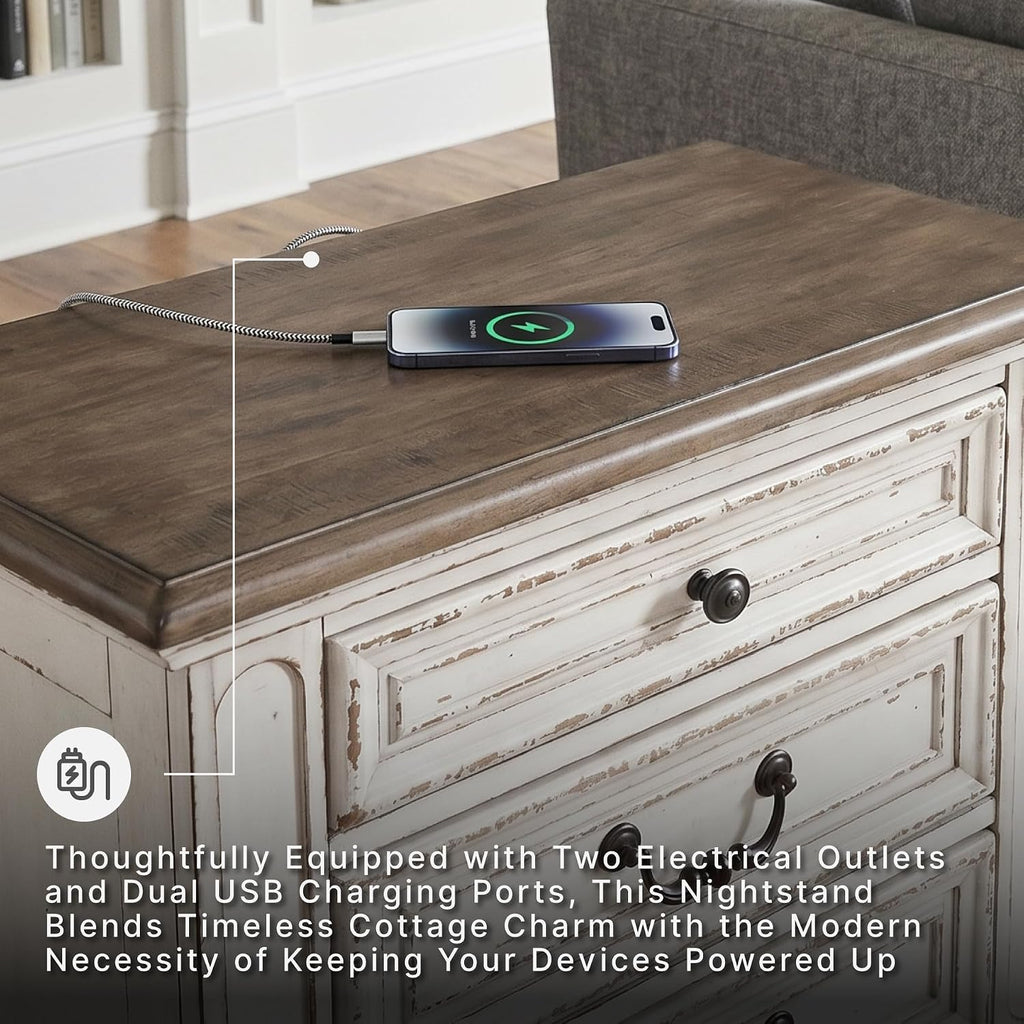 Signature Design by Ashley Realyn Nightstand with USB Charging Station, French Country 3 Drawer Bedside Table for Bedroom, Veneers, Wood and Engineered Wood, with Cast Resin Components, 27 Inches