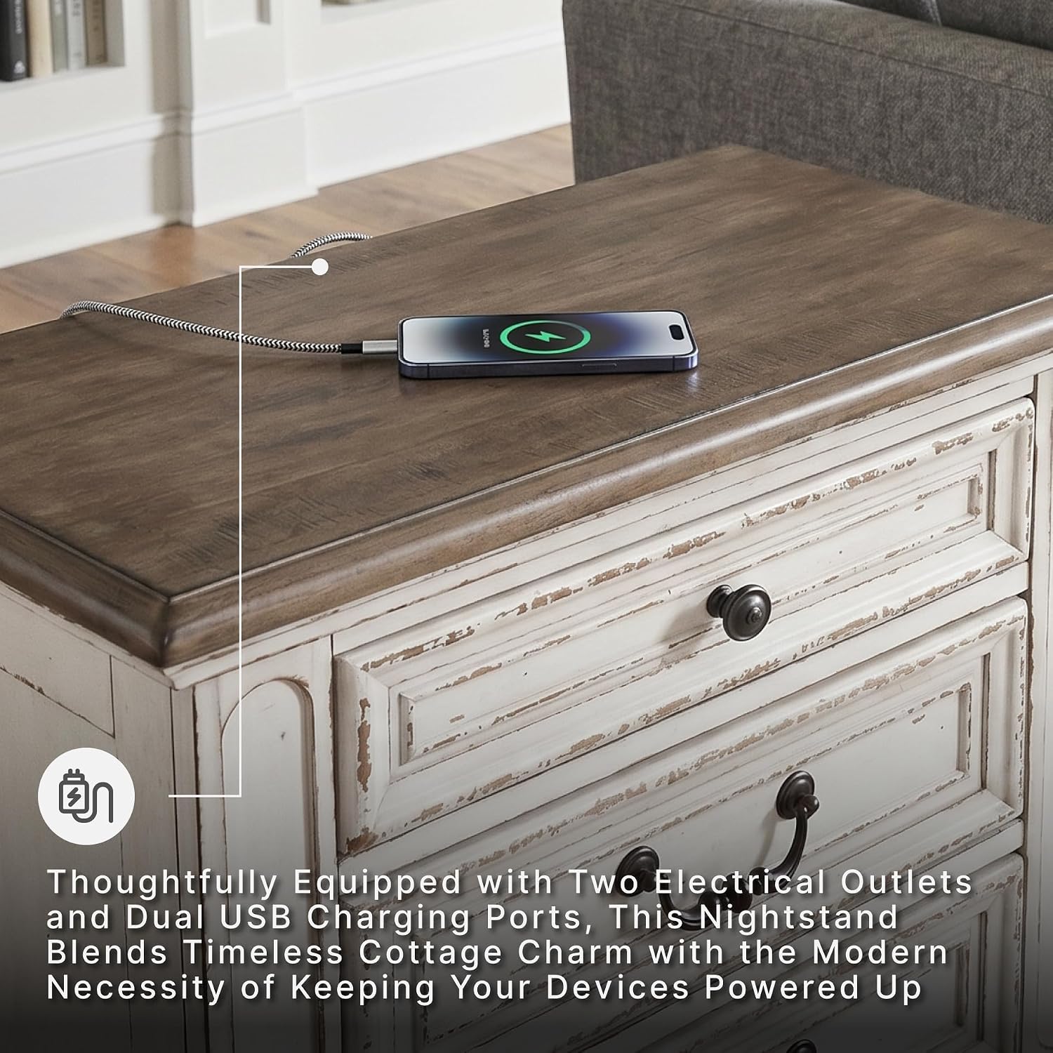 Signature Design by Ashley Realyn Nightstand with USB Charging Station, French Country 3 Drawer Bedside Table for Bedroom, Veneers, Wood and Engineered Wood, with Cast Resin Components, 27 Inches