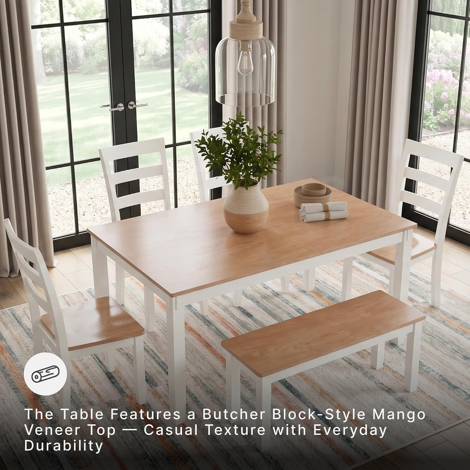 Signature Design by Ashley Gesthaven Casual Modern Dining Room Table Set with 4 Chairs and Bench, Set of 6, Mango Wood, 30.25" Table Height, White & Light Brown