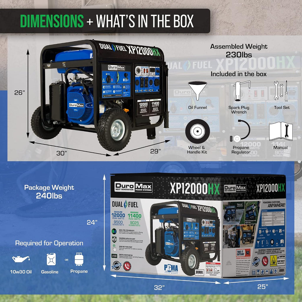 DuroMax XP12000HX 12,000-Watt Dual Fuel Portable Generator - Gas & Propane, Electric Start, Whole Home Power Backup, Transfer Switch Ready, RV & Emergency Ready