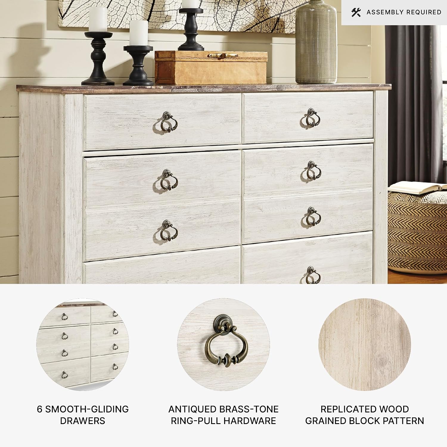 Signature Design by Ashley Willowton Coastal Cottage 6 Drawer Dresser with Faux Plank Top, Whitewash