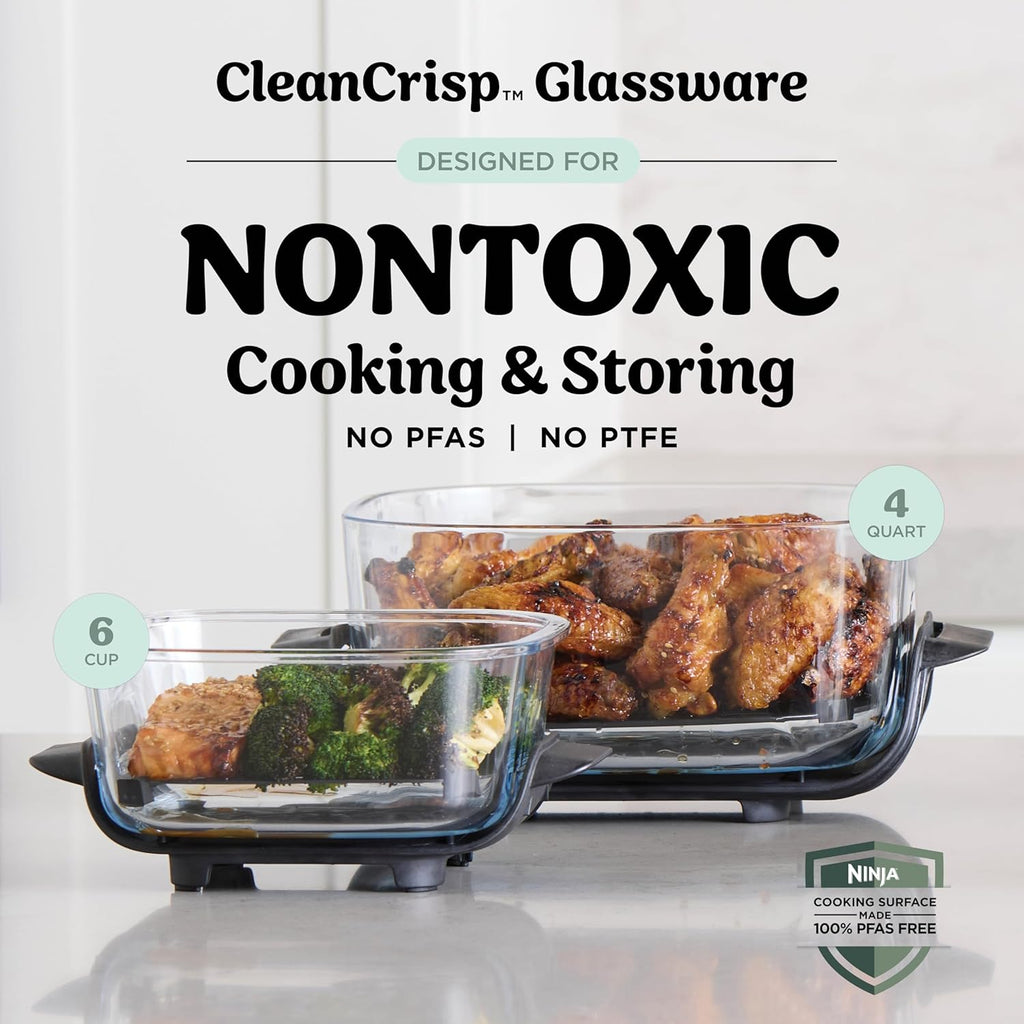 Ninja Crispi 4-in-1 Glass Air Fryer | With Non-Toxic 4QT & 6-Cup Glass Containers & Lids | Microwave, Freezer, Dishwasher Safe | 450°F Max Temp |1500 Watt | Green | FN101SG