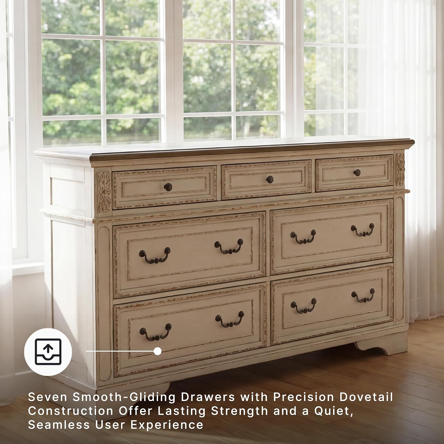 Signature Design by Ashley Realyn | French Country 7-Drawer Two-Tone Dresser – Fully Assembled, Decorative Corbels, Chipped White with Distressed Wood Top