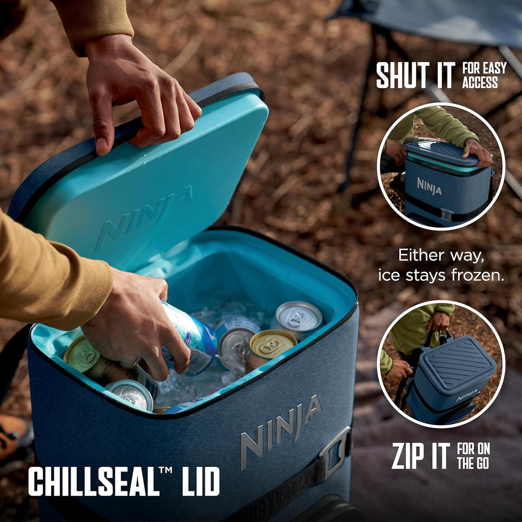 Ninja Backpack Cooler | FrostVault Go 24 Can Soft Cooler | Leakproof Zipper with Built in Can Opener, 2 Ice Packs & Dry Storage Drawer | for Hiking, Camping & More | Halocline Green | FF124TL