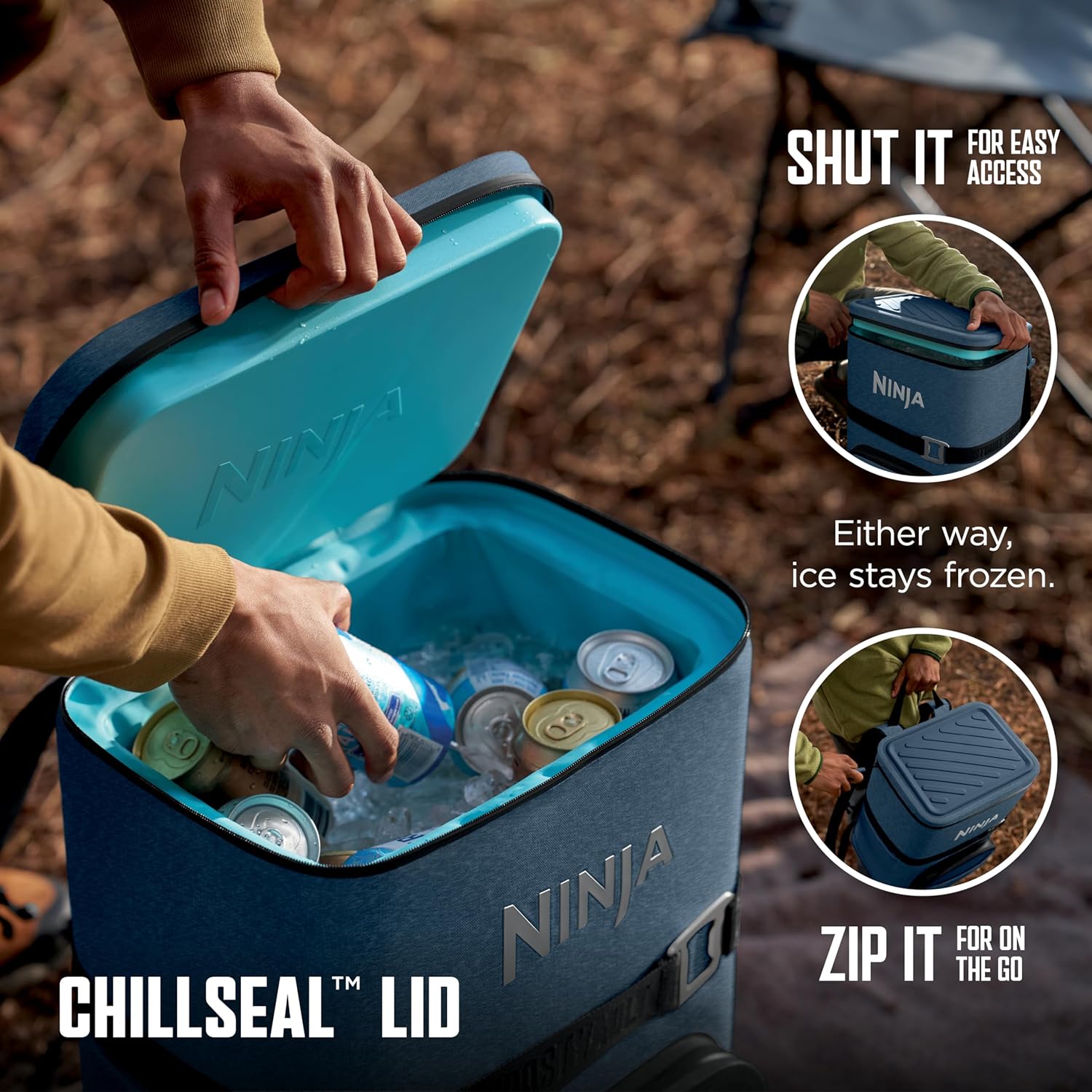 Ninja Backpack Cooler | FrostVault Go 24 Can Soft Cooler | Leakproof Zipper with Built in Can Opener, 2 Ice Packs & Dry Storage Drawer | for Hiking, Camping & More | Halocline Green | FF124TL