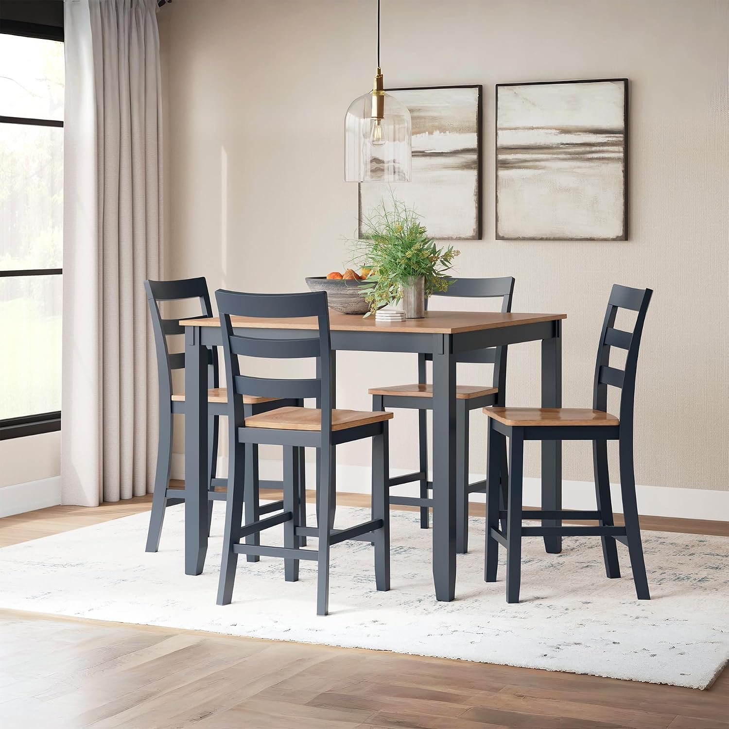 Signature Design by Ashley Gesthaven Casual Dining Room Table Set with 4 Chairs and Bench, Set of 6, Mango Wood, 30.25" Table Height, Blue & Light Brown