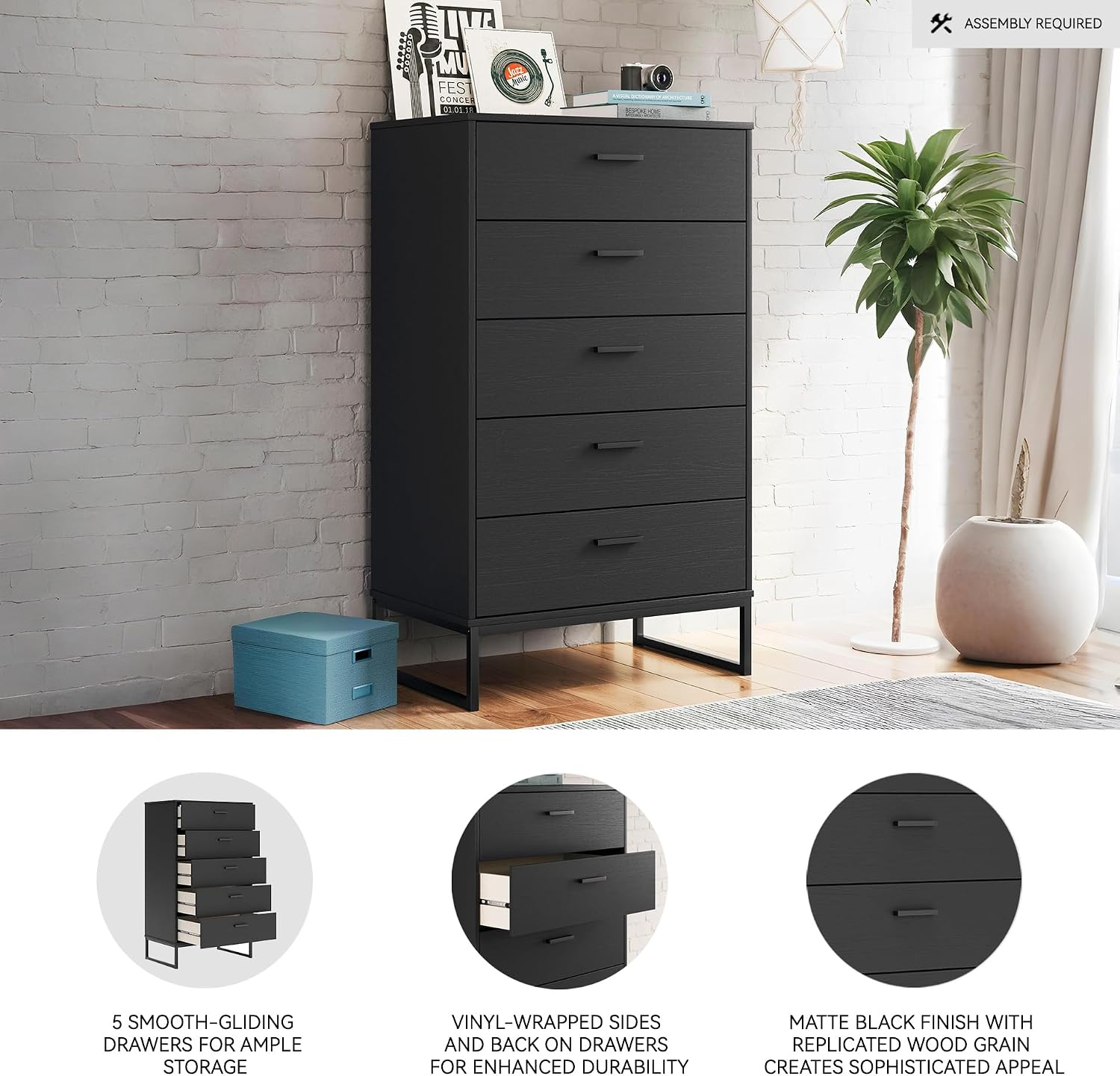 Signature Design by Ashley Socalle Matte Black Finish Chest of Drawers, Modern Tall 5 Drawer Dresser, Engineered Wood (MDF/Particleboard/Plywood) & Decorative Laminate, Bedroom Storage