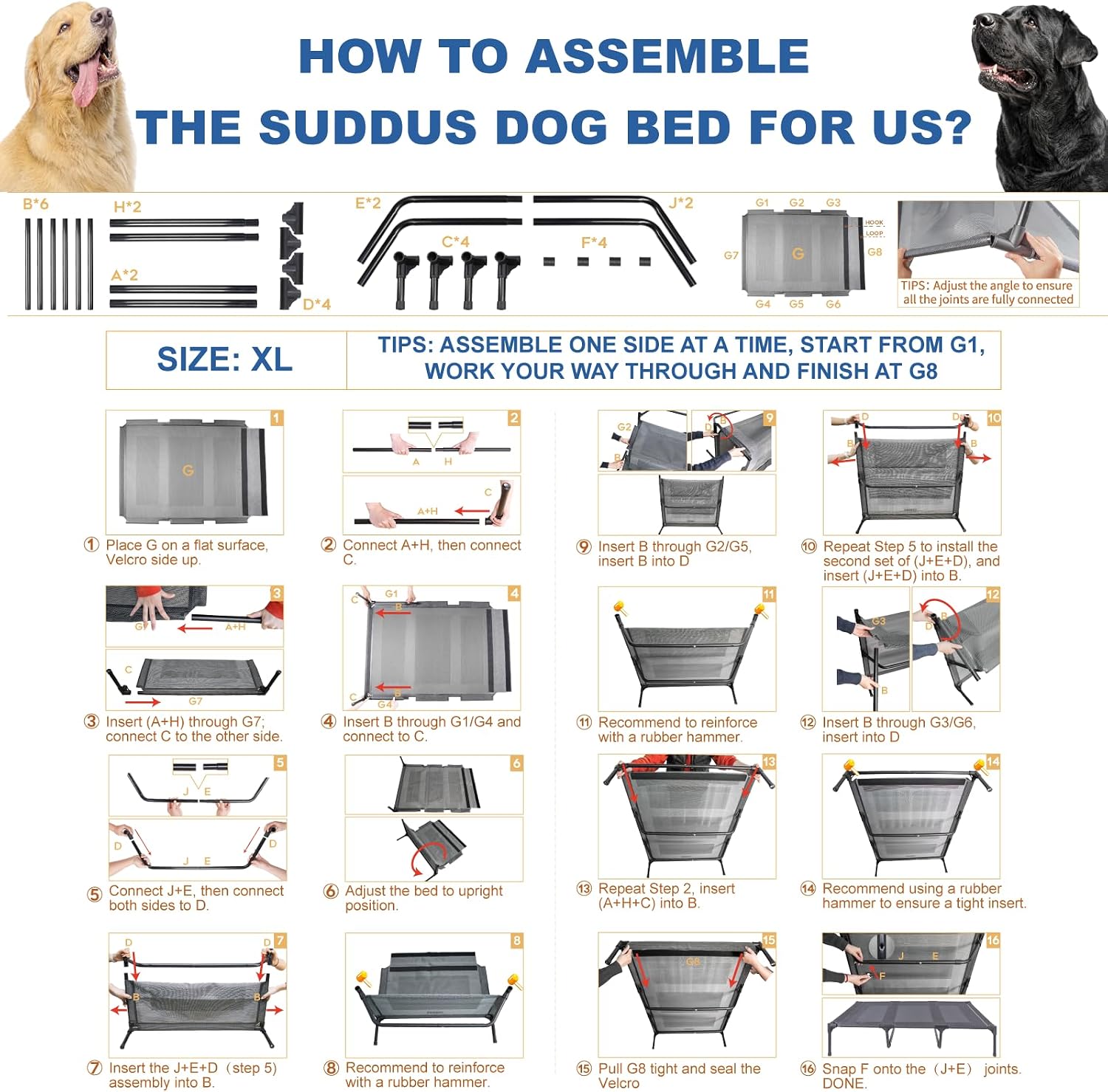 suddus Elevated Dog Bed for Large Dogs 120lb, Breathable Cooling Raised Dog Cot with Dual Support Bars & Metal Frame, No-Slip Feet, Waterproof Pet Bed for Indoor/Outdoor, X-Large, 48 * 36 * 9in, Grey