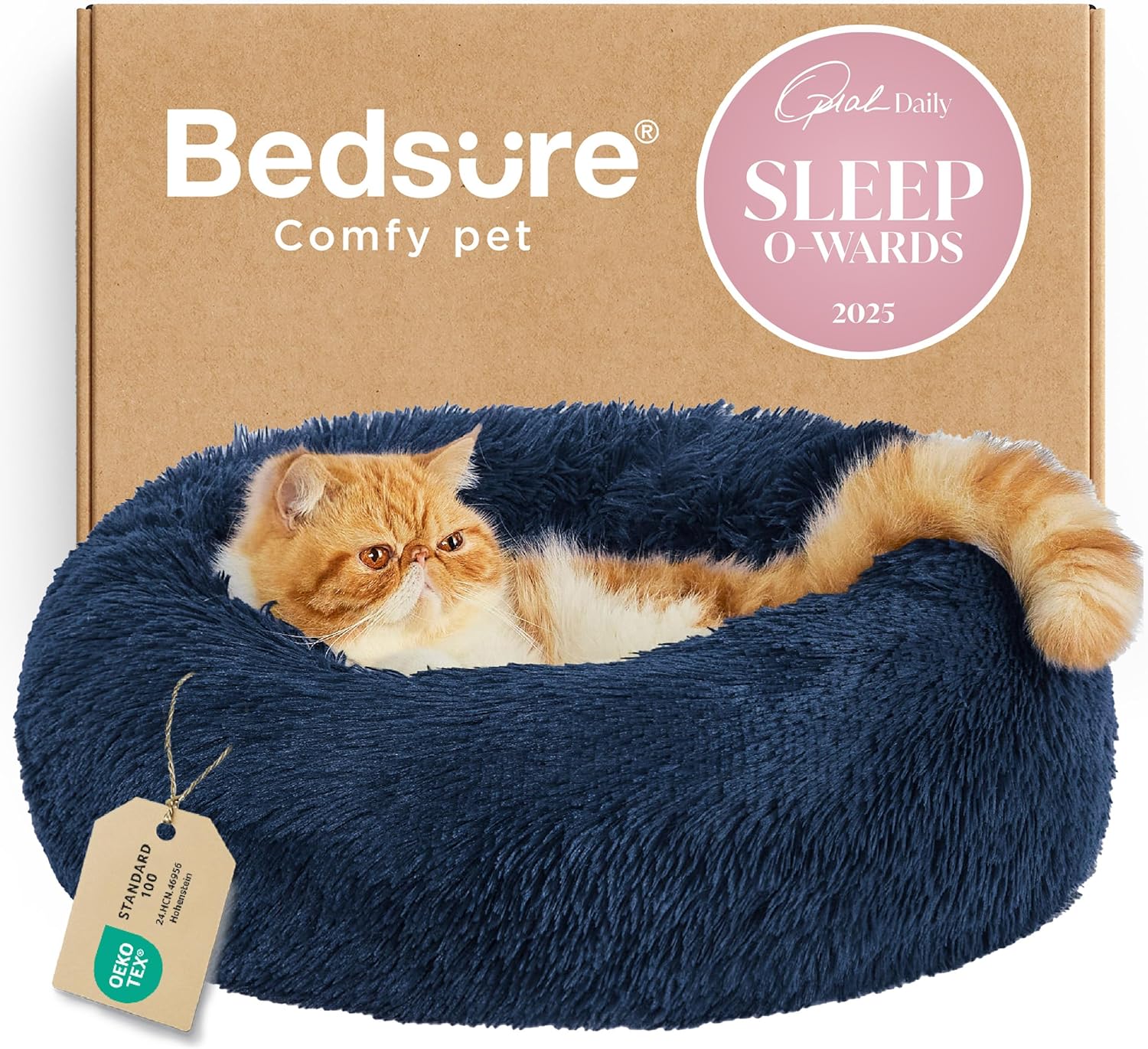 Bedsure Calming Dog Bed Medium Size Dog - Donut Washable Medium Pet Bed, 30 inches Anti-Slip Round Fluffy Plush Faux Fur Cat Bed, Fits up to 45 lbs Pets, Camel