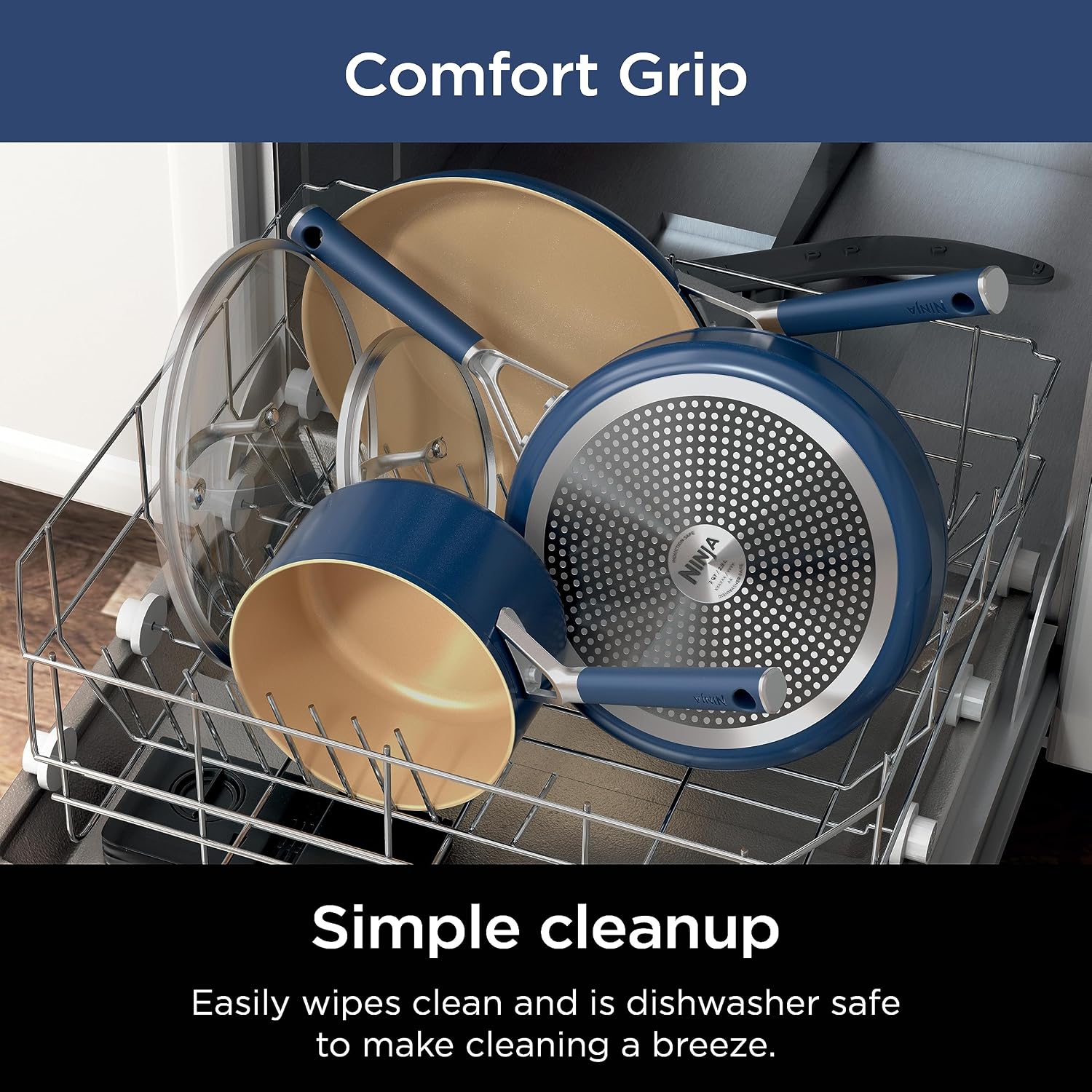 Ninja Ceramic Cookware Set, Extended Life 11-Piece Kitchen Cookware Sets with Comfort Grip, Nonstick Fry Pans, Pots, PTFE Free, Oven & Dishwasher Safe, Stovetop Compatible, Navy Blue, CW49011