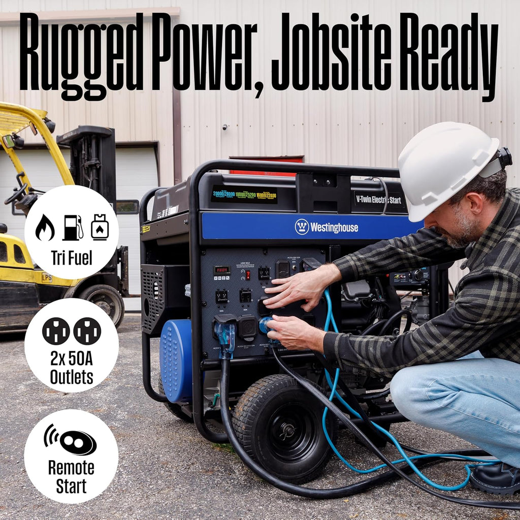 Westinghouse 28000 Peak Watt Tri-Fuel Home Backup Portable Generator, Remote Electric Start, Transfer Switch Ready, Gas, Propane, and Natural Gas Powered
