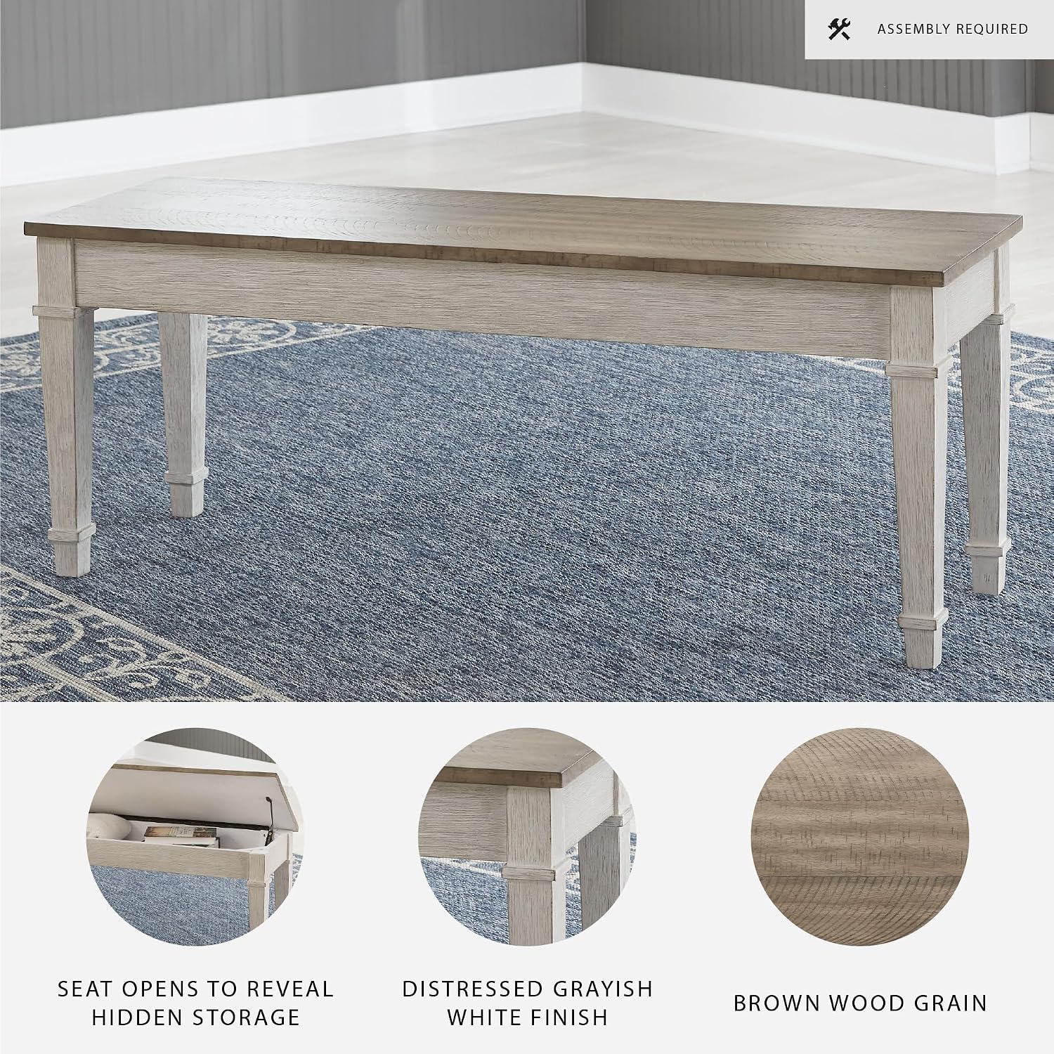 Signature Design by Ashley Skempton Farmhouse Storage Bench, Distressed Finish, Seat With Hidden Storage, Wood, 48" W x 15" D x 18.5" H, White & Light Brown