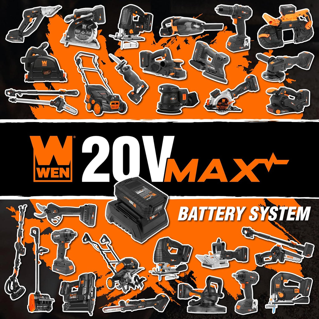 WEN Cordless Drywall Sander, Brushless with Variable Speed, 20V Max 5.0 Ah Battery and Charger (20409)