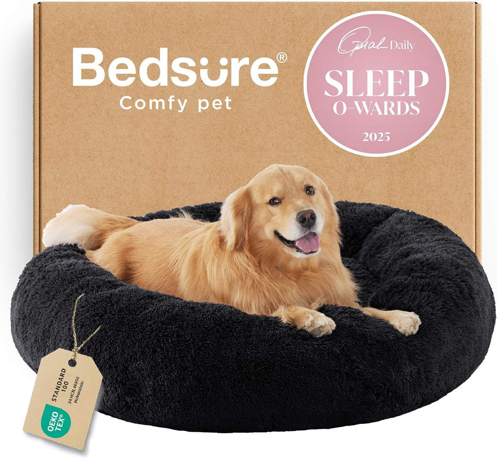 Bedsure Calming Dog Bed Medium Size Dog - Donut Washable Medium Pet Bed, 30 inches Anti-Slip Round Fluffy Plush Faux Fur Cat Bed, Fits up to 45 lbs Pets, Camel