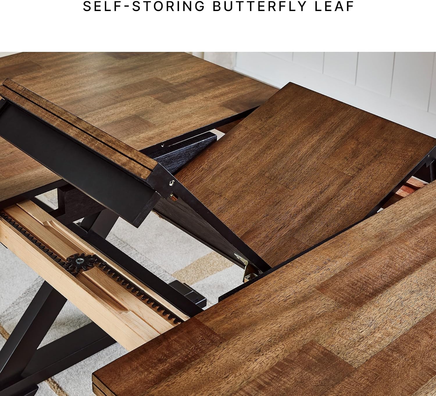 Signature Design by Ashley Wildenauer Dining Extension Table, 18" Self-Storing Butterfly Leaf, Hardwood Solids, Mango Veneer & MDF Substrate, Seats 6 to 8 for Kitchens, Black & Dark Brown, 78"