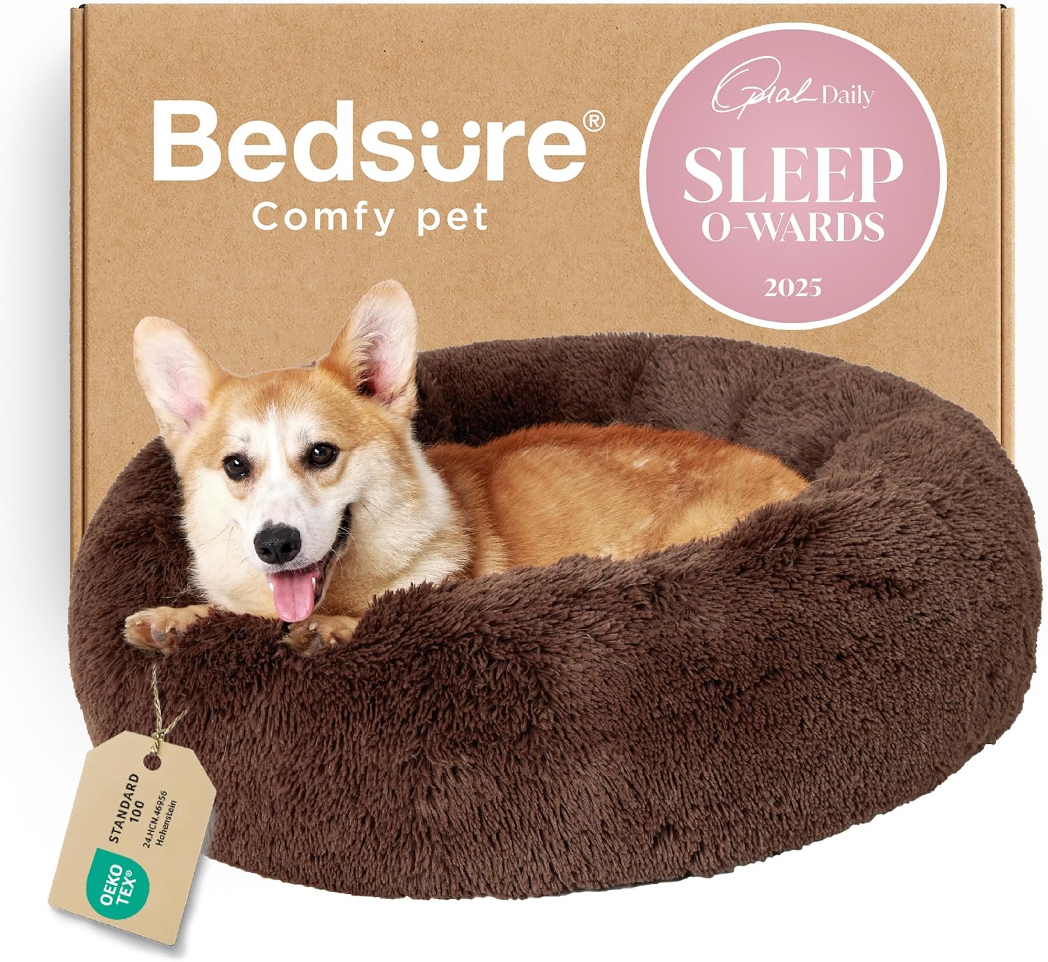 Bedsure Calming Dog Bed Medium Size Dog - Donut Washable Medium Pet Bed, 30 inches Anti-Slip Round Fluffy Plush Faux Fur Cat Bed, Fits up to 45 lbs Pets, Camel