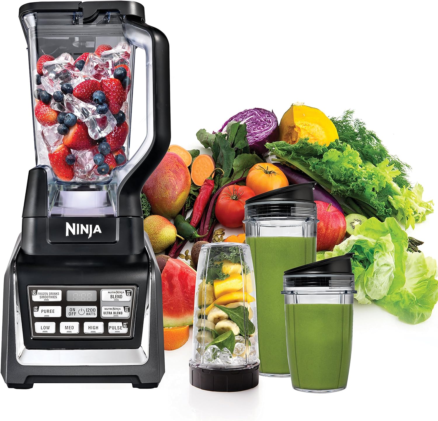 Ninja BL642 Nutri Ninja Personal & Countertop Blender with 1200W Auto-iQ Base, 72 oz. Pitcher, and 18, 24, & 32 oz. To-Go Cups with Spout Lids, For Smoothies, Shakes & More, Dishwasher Safe, Black..