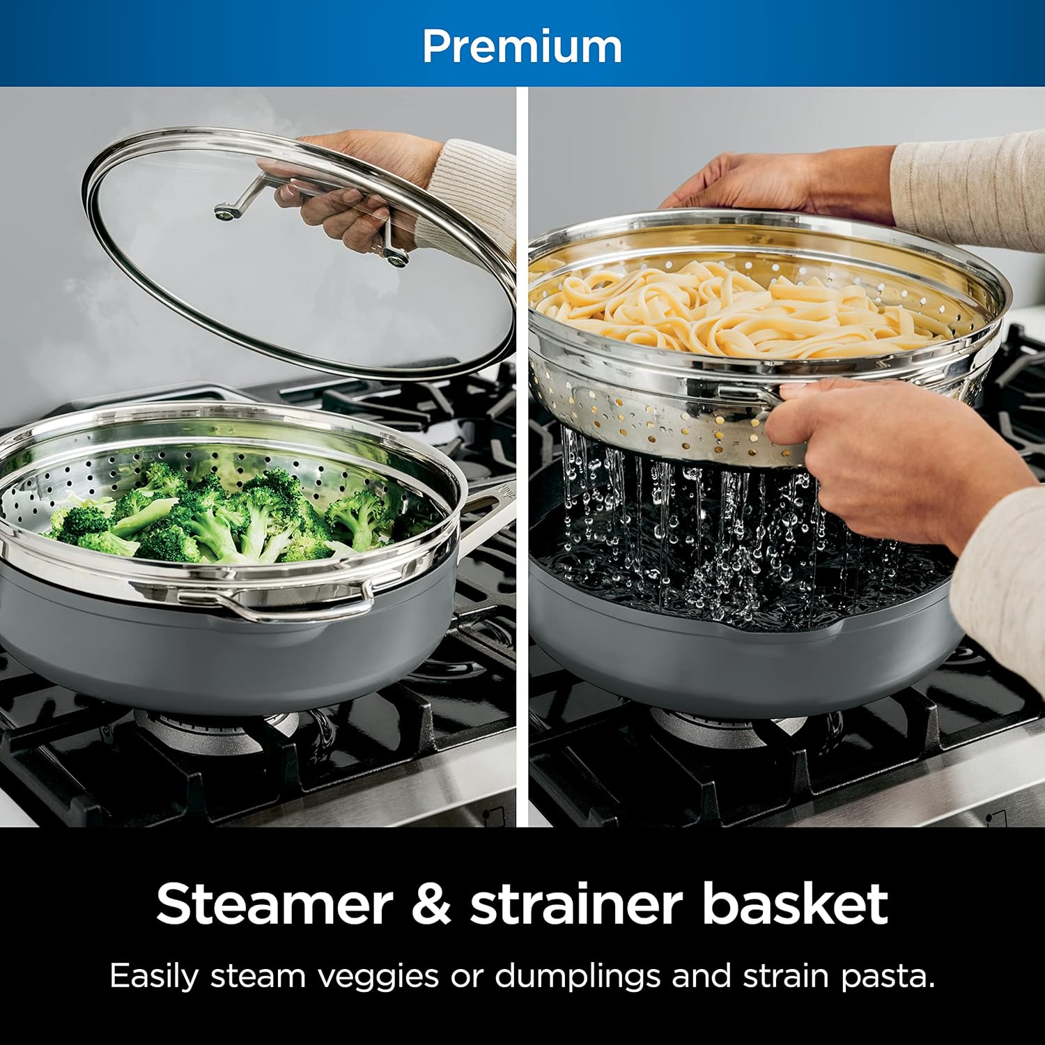 Ninja Foodi NeverStick 4 Quart Pan with Lid, Strainer, & Spatula, Oven Safe, Sea Salt Grey