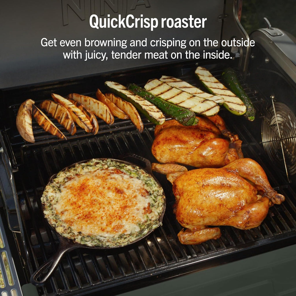 Ninja FlexFlame Grill and Smoker | Electric and Propane Grill, Roaster, BBQ Grill | 5-in-1 Cooking System | 3 Burner | Digital Control | Outdoor Cooking, Griddle, Pizza Maker | Green | PG301GN