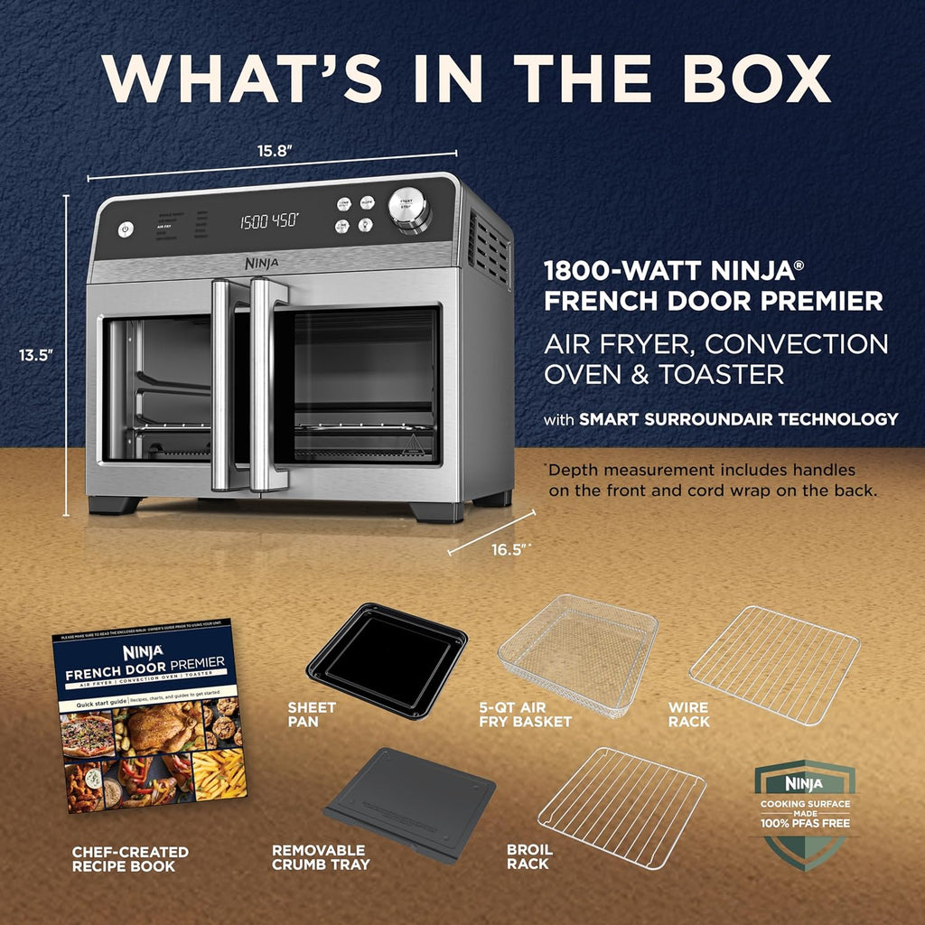 Ninja | French Door Premier Air fry Oven | 10-in-1 functions | 20.3-qt capacity | 5-qt Air Fry Basket, Sheet Pan, Wire Rack, Broil Rack | PFAS-free, Dishwasher-Safe Accessories | Black | FO101BK