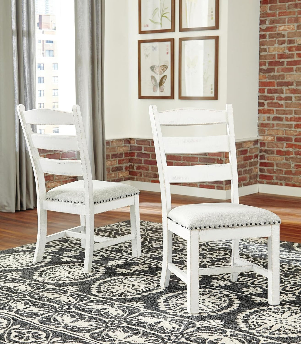 Signature Design by Ashley Valebeck Farmhouse Cushioned Dining Chair, 2 Count, Nailhead Trim, Fabric Upholstery, Solid Wood, 39" Seat Height, Whitewash