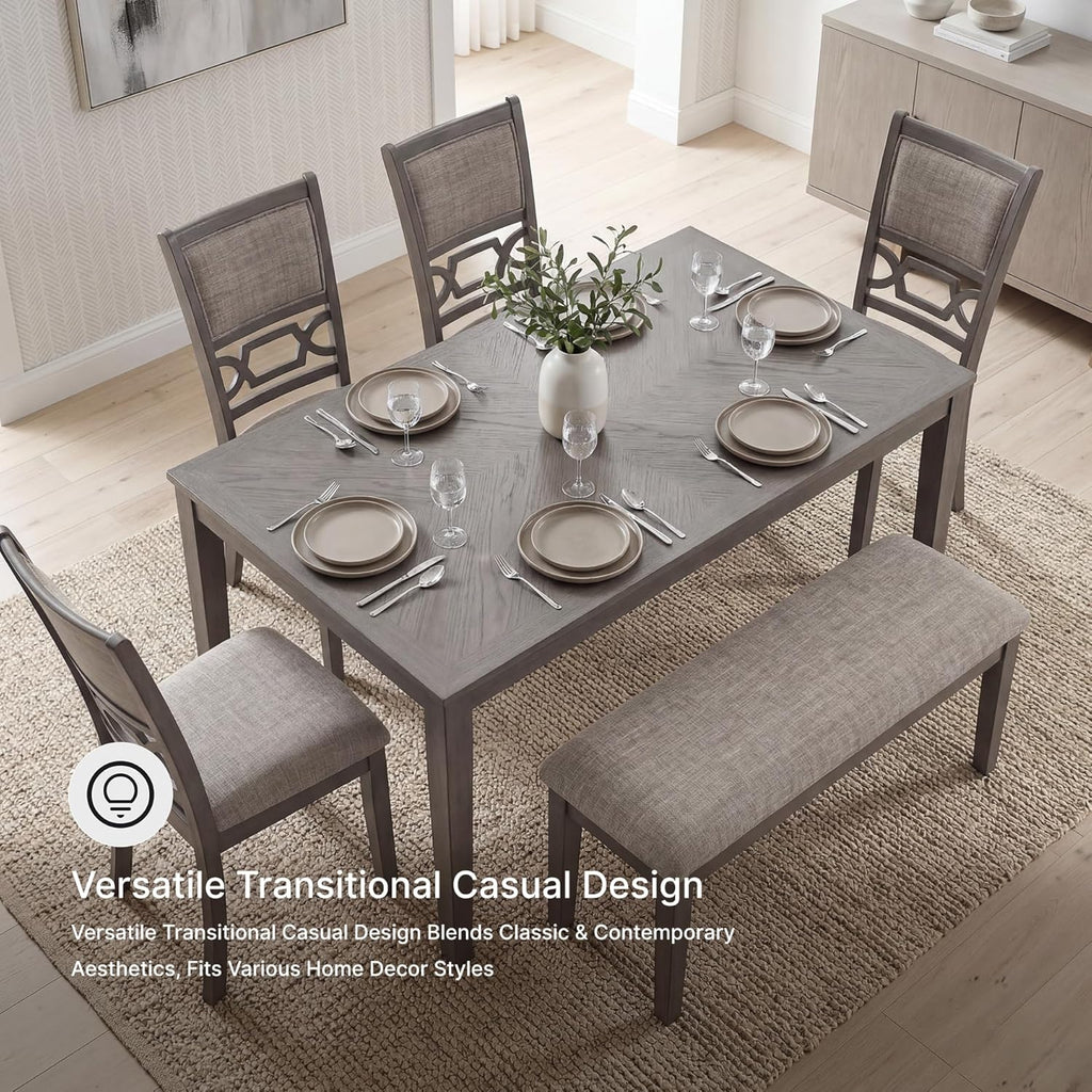 Signature Design by Ashley Wrenning Diamond Patterned Dining Table Set, 4 Upholstered Chairs and Bench, Seats 6, Wood, Gray