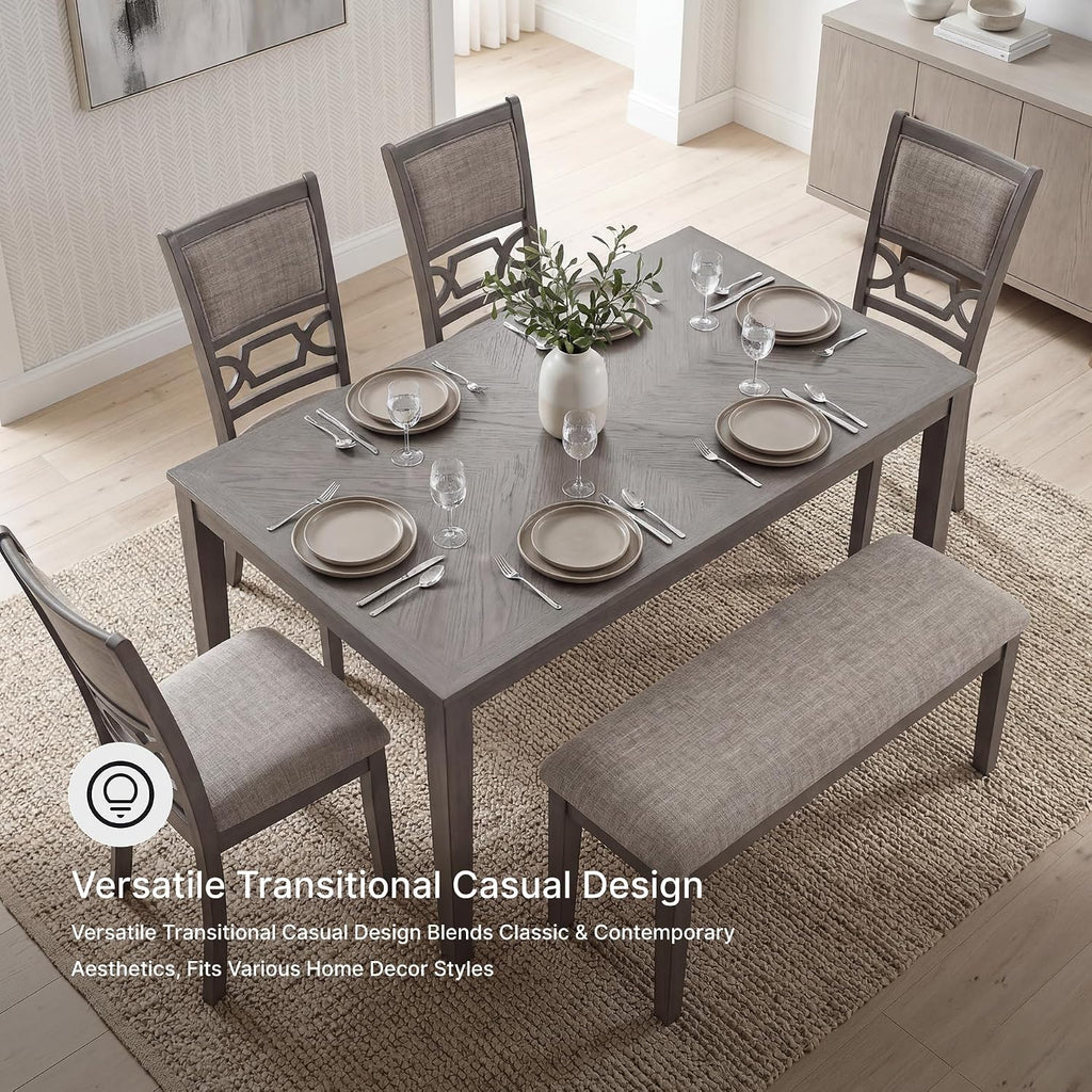 Signature Design by Ashley Wrenning Diamond Patterned Dining Table Set, 4 Upholstered Chairs and Bench, Seats 6, Wood, Gray