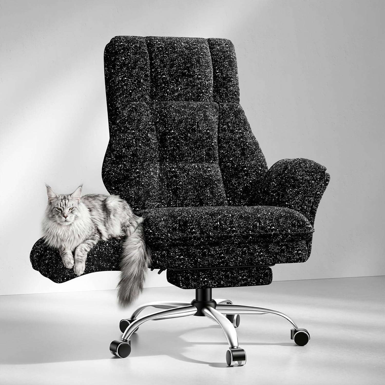 Big and Tall Office Chair, Flip Armrests for Pets & Cross Legged Sitting, Executive Ergonomic Computer Gaming Chair with Foot Rest, Teddy Fleece Wide Seat Reclining Desk Chair, White Vanity Chair