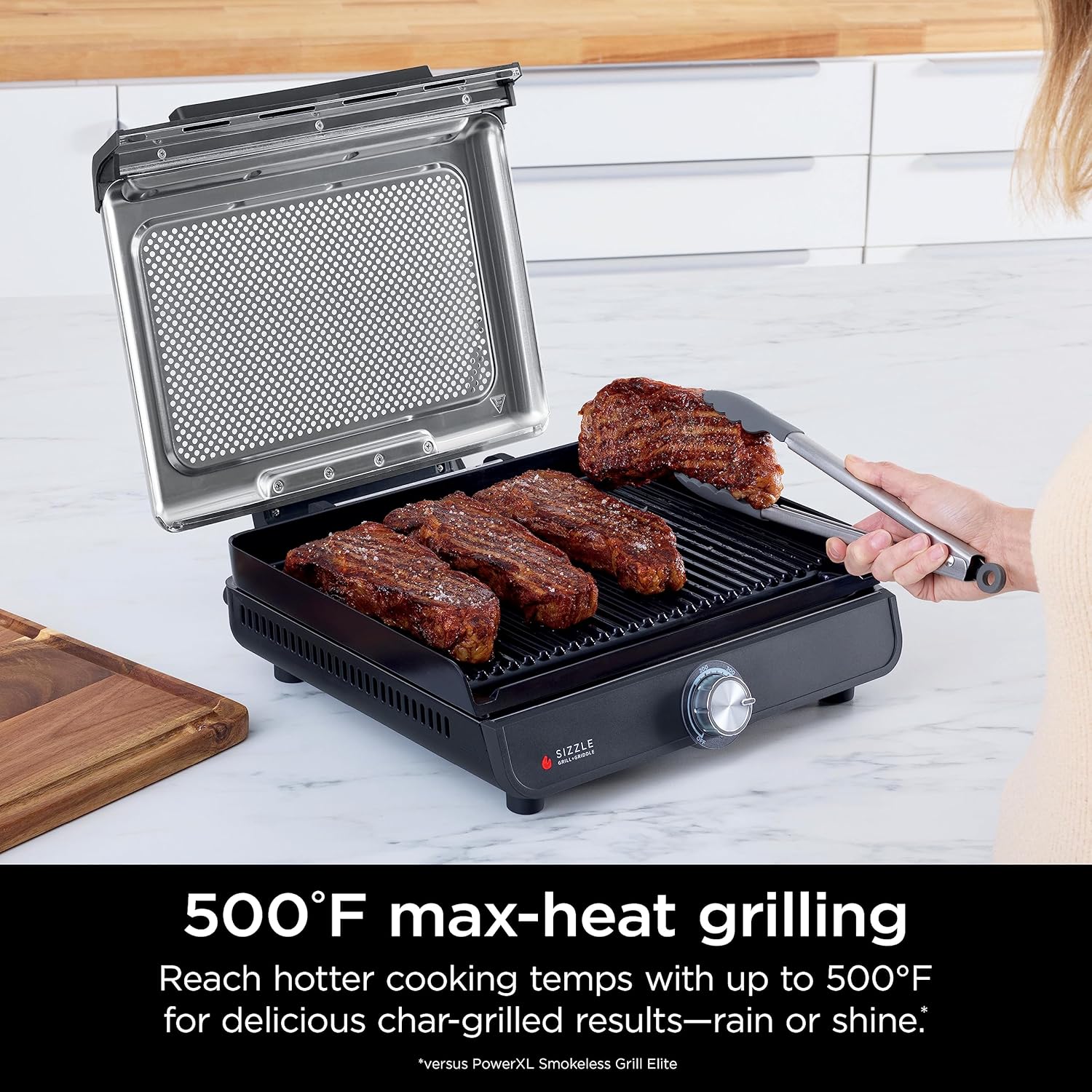Ninja GR101 Sizzle Smokeless Indoor Grill & Griddle, 14′′ Interchangeable Nonstick Plates, Dishwasher-Safe Removable Mesh Lid, 500F Max Heat, Even Edge-to-Edge Cooking, Grey/Silver (Renewed)