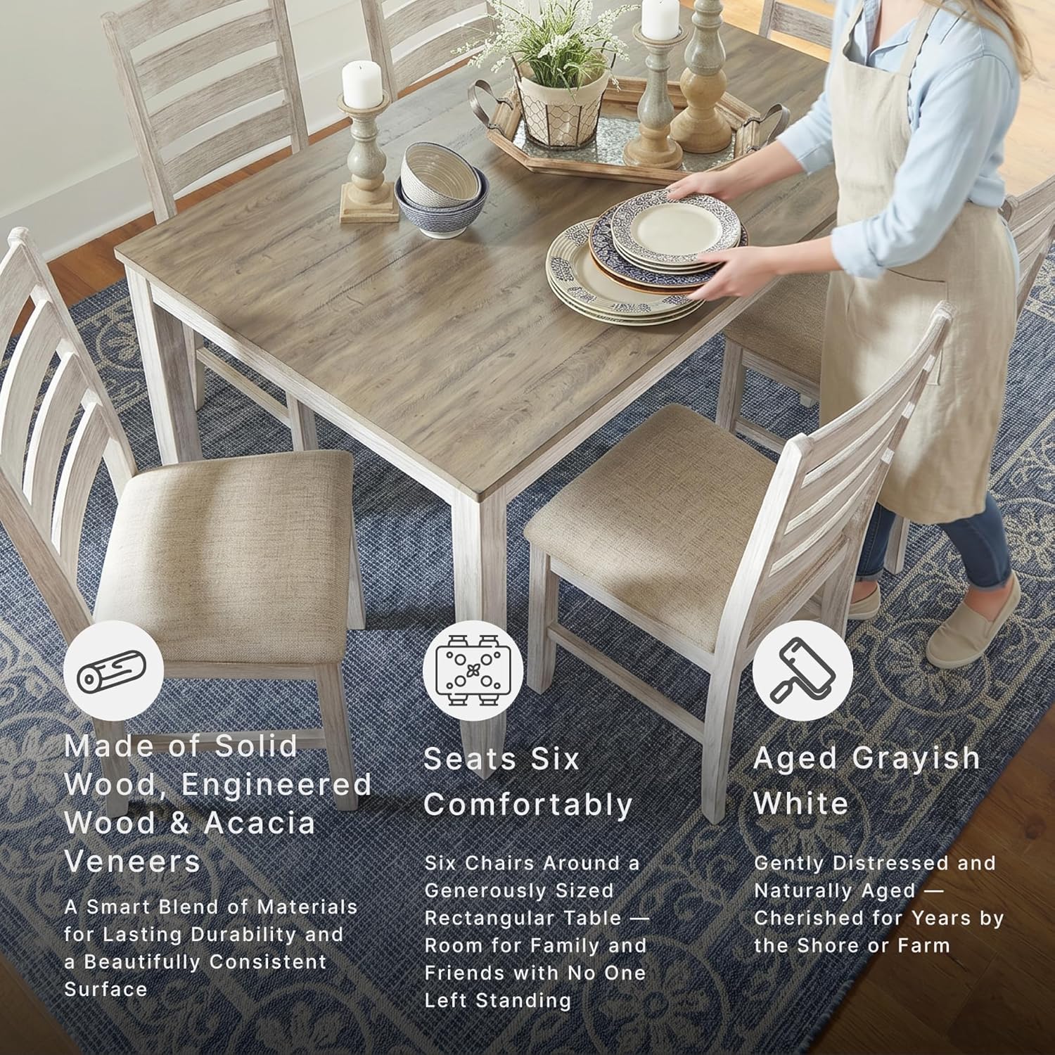 Signature Design by Ashley Skempton Cottage Dining 7 Piece Set – Rectangular Table & 6 Upholstered Chairs | Coastal Chic Meets Farmhouse, Whitewash