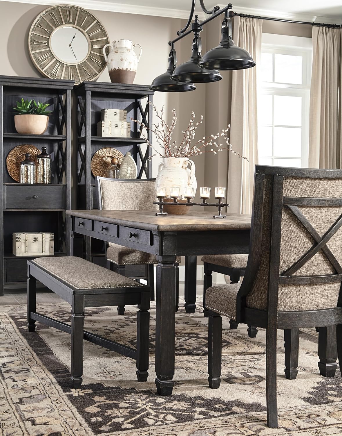 Signature Design by Ashley Tyler Creek Farmhouse Upholstered Dining Room Bench with Tapered Legs, Heavy Woven Fabric, Wood, 19.5" High Seat, Black & Gray