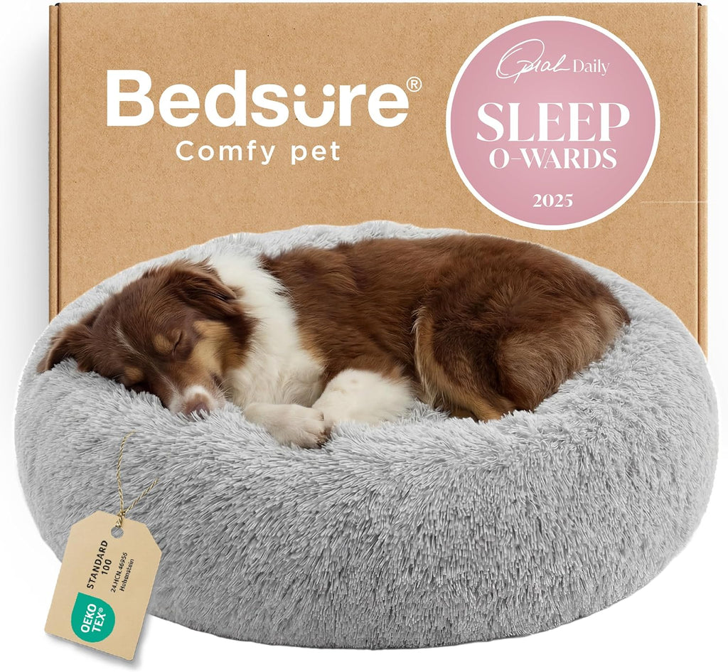 Bedsure Calming Dog Bed Medium Size Dog - Donut Washable Medium Pet Bed, 30 inches Anti-Slip Round Fluffy Plush Faux Fur Cat Bed, Fits up to 45 lbs Pets, Camel