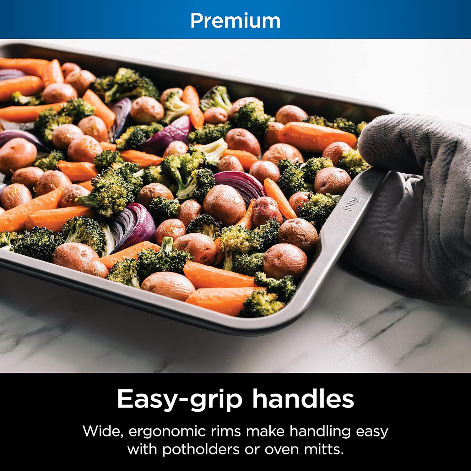 Ninja B35005 Foodi NeverStick Premium 5-Piece Bakeware Sheet Set, Oven Safe up to 500⁰F, with 11x17 Inch Baking Sheet, 5x9 Inch Loaf Pan, 12 Cup Muffin Pan, & (2) 9 Inch Round Cake Pans, Grey