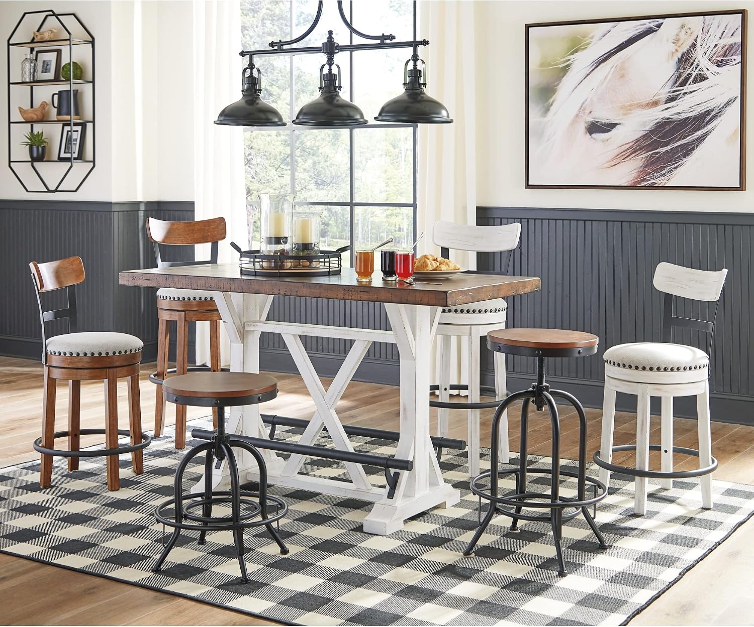 Signature Design by Ashley Valebeck Counter Height Dining Table, Rustic Farmhouse Design, Black Metal Footrest, Seats Up to 4, Great for Small Spaces, White