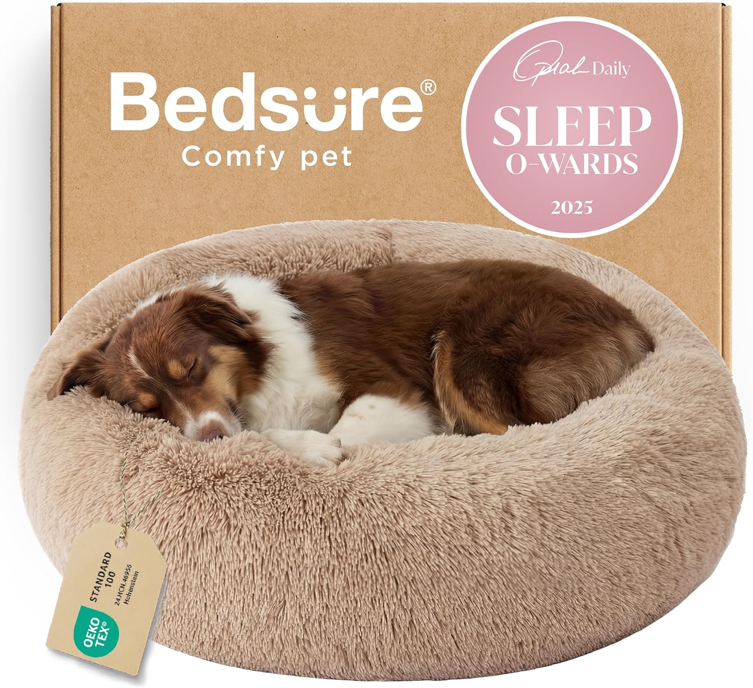 Bedsure Calming Dog Bed Medium Size Dog - Donut Washable Medium Pet Bed, 30 inches Anti-Slip Round Fluffy Plush Faux Fur Cat Bed, Fits up to 45 lbs Pets, Camel