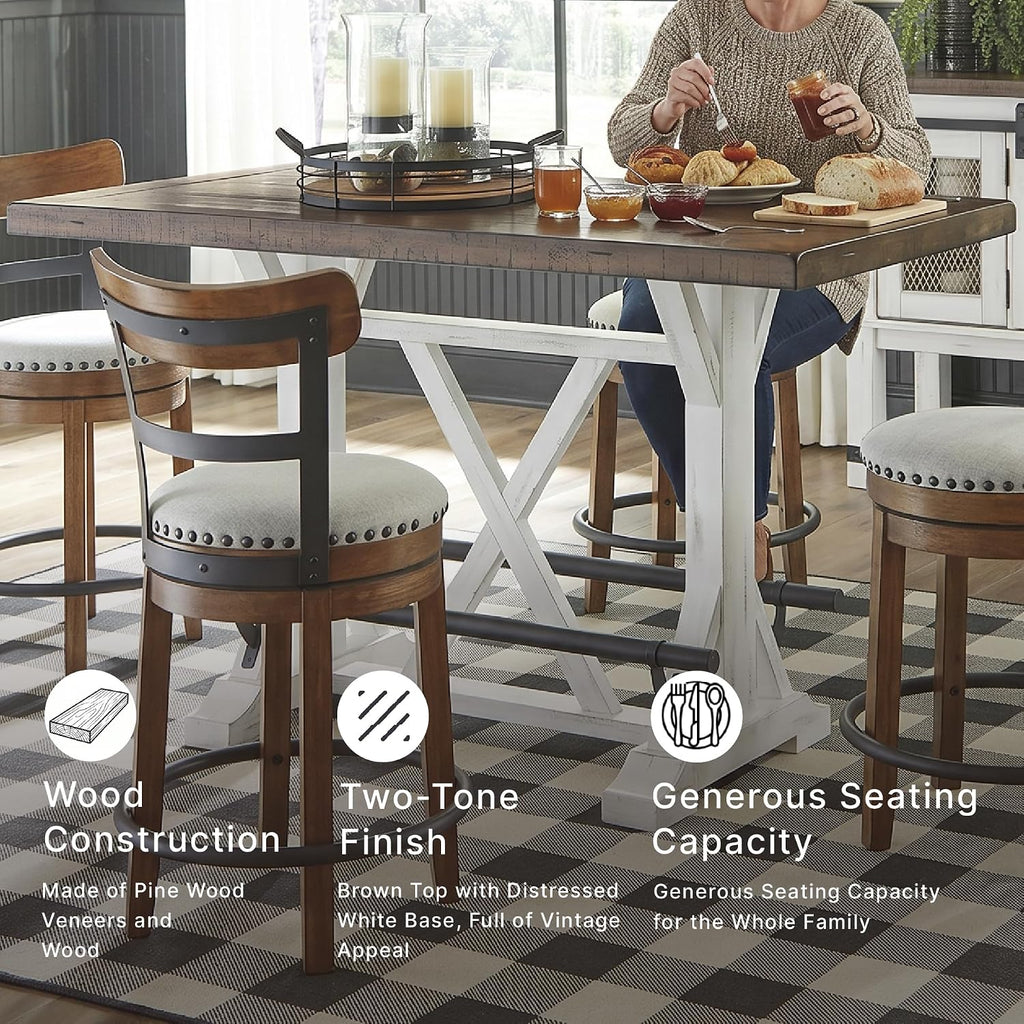 Signature Design by Ashley Valebeck Counter Height Dining Table, Rustic Farmhouse Design, Black Metal Footrest, Seats Up to 4, Great for Small Spaces, White
