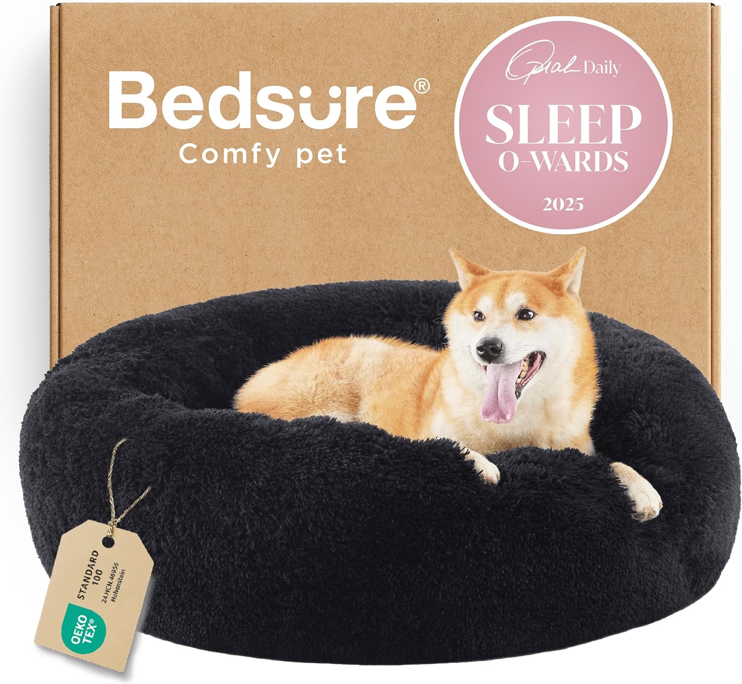 Bedsure Calming Dog Bed Medium Size Dog - Donut Washable Medium Pet Bed, 30 inches Anti-Slip Round Fluffy Plush Faux Fur Cat Bed, Fits up to 45 lbs Pets, Camel