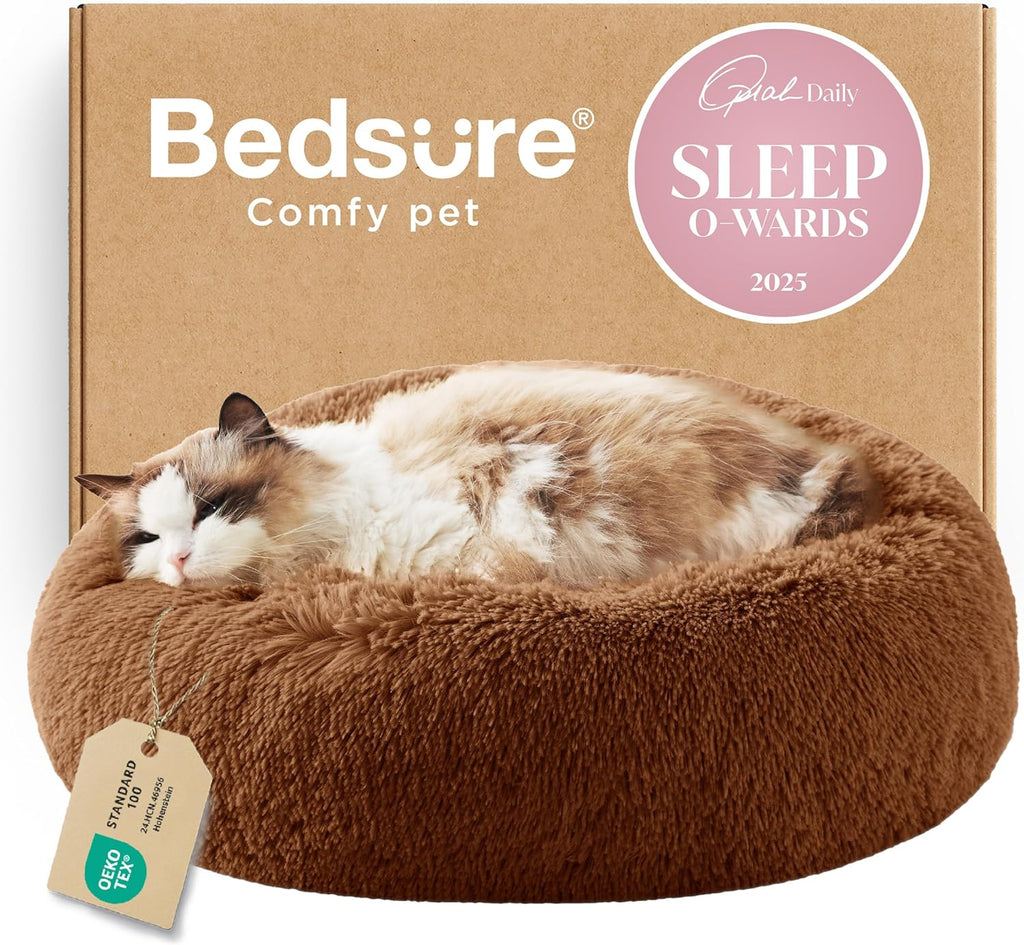 Bedsure Calming Dog Bed Medium Size Dog - Donut Washable Medium Pet Bed, 30 inches Anti-Slip Round Fluffy Plush Faux Fur Cat Bed, Fits up to 45 lbs Pets, Camel