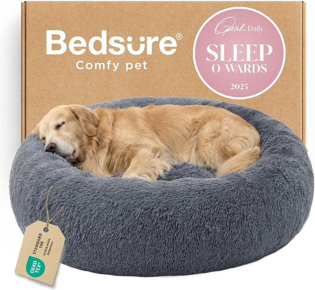 Bedsure Calming Dog Bed Medium Size Dog - Donut Washable Medium Pet Bed, 30 inches Anti-Slip Round Fluffy Plush Faux Fur Cat Bed, Fits up to 45 lbs Pets, Camel