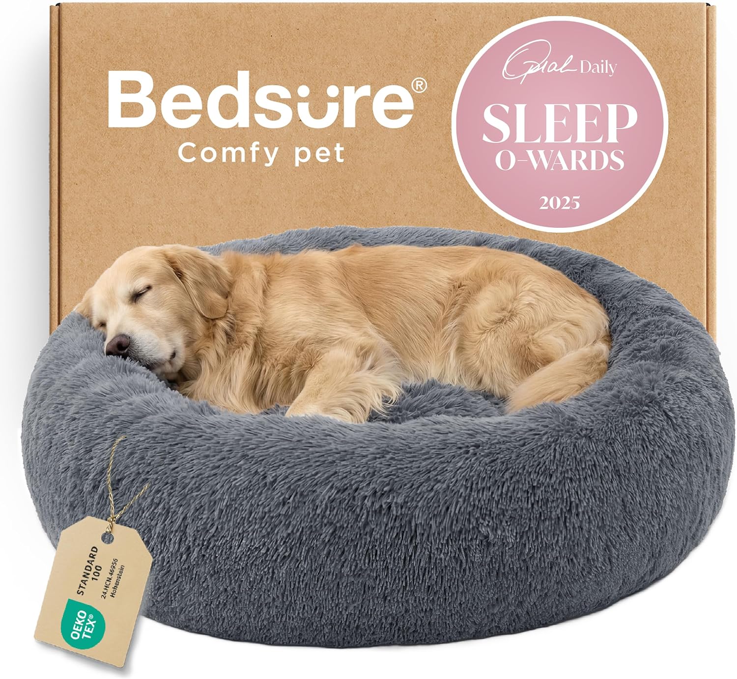 Bedsure Calming Dog Bed Medium Size Dog - Donut Washable Medium Pet Bed, 30 inches Anti-Slip Round Fluffy Plush Faux Fur Cat Bed, Fits up to 45 lbs Pets, Camel