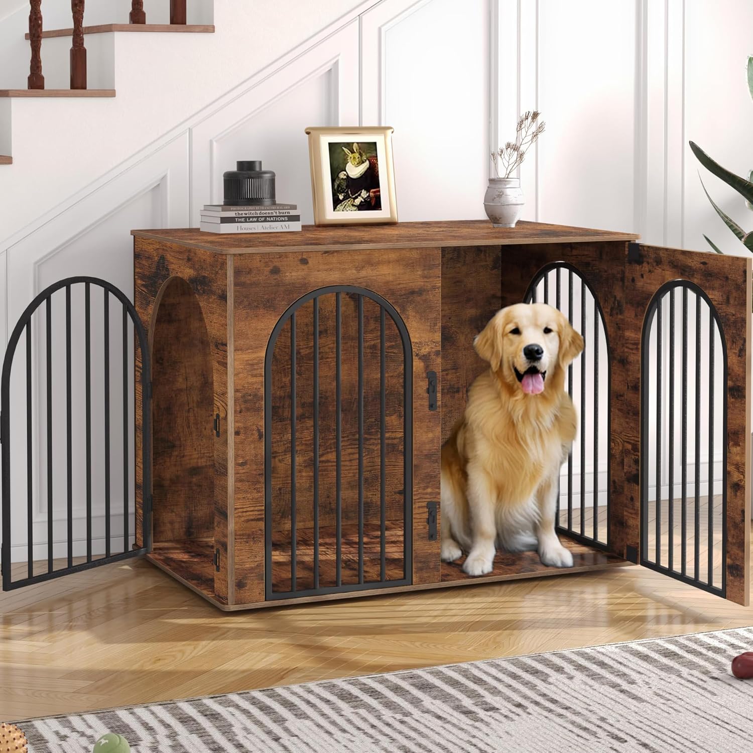 Hzuaneri 31.5'' Wooden Dog Crate Furniture, Indoor Dog Kennel Dogs Cage for Small/Medium Dogs, Heavy Duty Dog Crates Decorative Pet House End Side Table TV Stand, White Brown DFC85114B