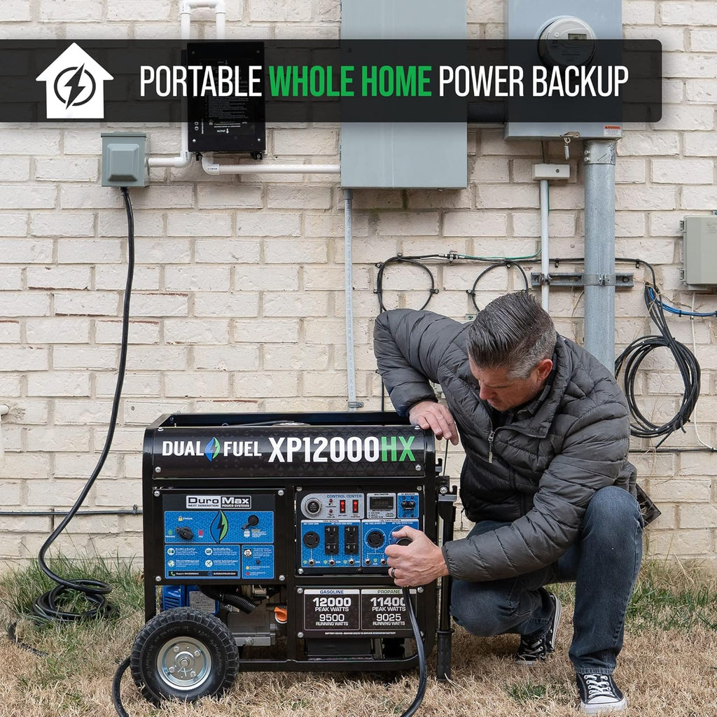 DuroMax XP12000HX 12,000-Watt Dual Fuel Portable Generator - Gas & Propane, Electric Start, Whole Home Power Backup, Transfer Switch Ready, RV & Emergency Ready