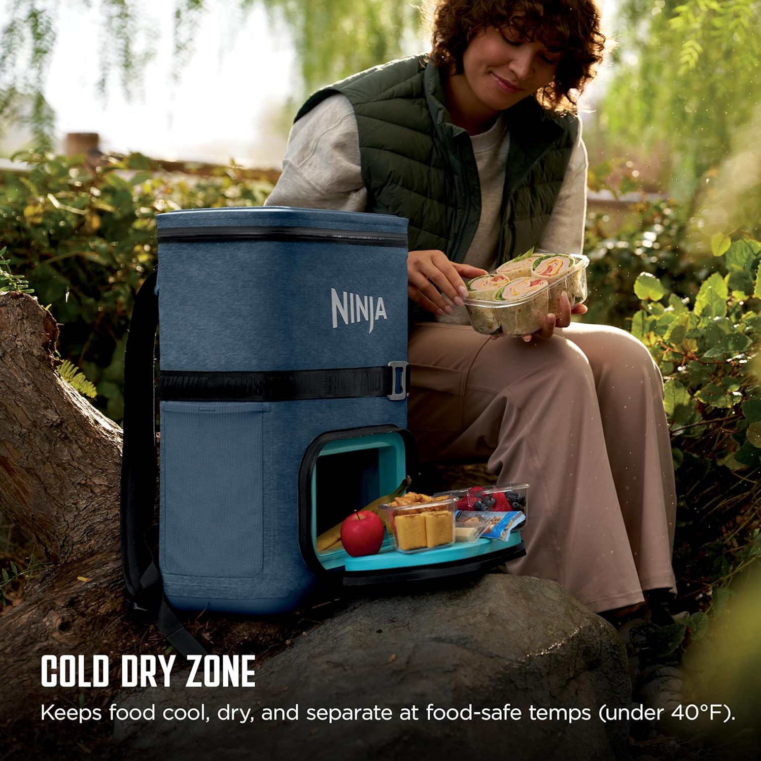 Ninja | Backpack Cooler | FrostVault Go 24 Can Soft Cooler | Leakproof Zipper with Built in Can Opener, 2 Ice Packs & Dry Storage Drawer | for Hiking, Camping & More | Lakeshore Blue | FF124NV