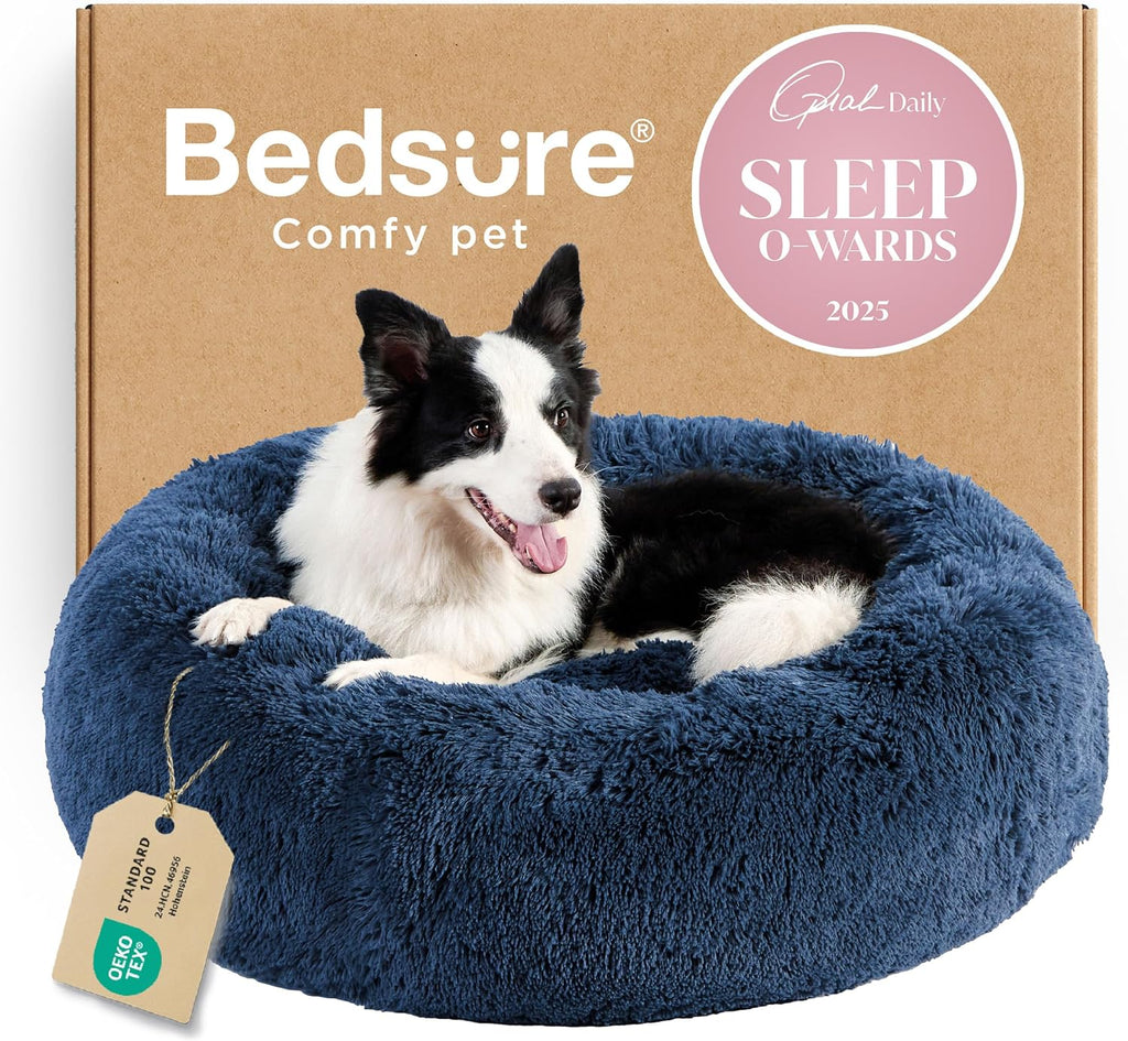 Bedsure Calming Dog Bed Medium Size Dog - Donut Washable Medium Pet Bed, 30 inches Anti-Slip Round Fluffy Plush Faux Fur Cat Bed, Fits up to 45 lbs Pets, Camel