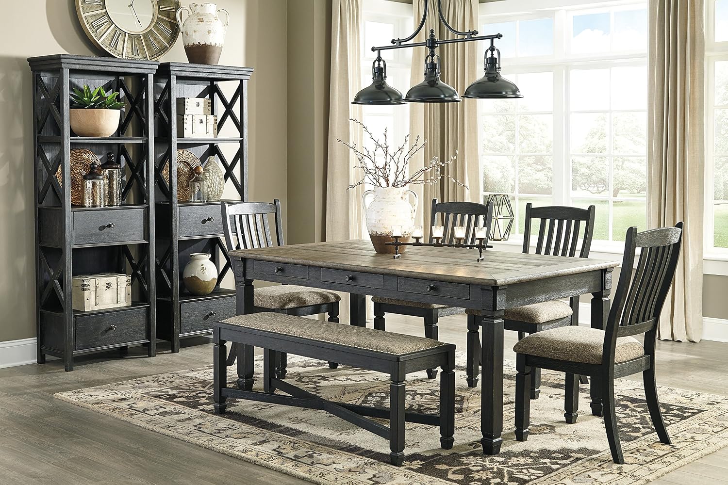 Signature Design by Ashley Tyler Creek Farmhouse Upholstered Dining Room Bench with Tapered Legs, Heavy Woven Fabric, Wood, 19.5" High Seat, Black & Gray